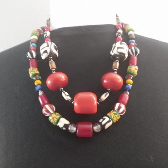 Two Handmade Multi-color Boho Beaded Necklaces